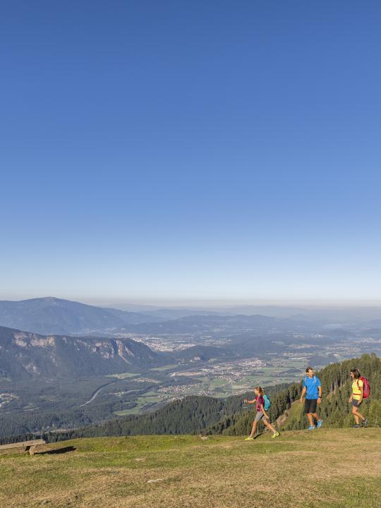 Drei Wanderer genießen einen sonnigen Tag in den Alpen. Vor ihnen breitet sich ein atemberaubender Blick über ein grünes Tal aus, während der klare blaue Himmel das Bild dominiert. Die Landschaft bietet eine perfekte Kulisse für Natur- und Outdoor-Liebhaber.